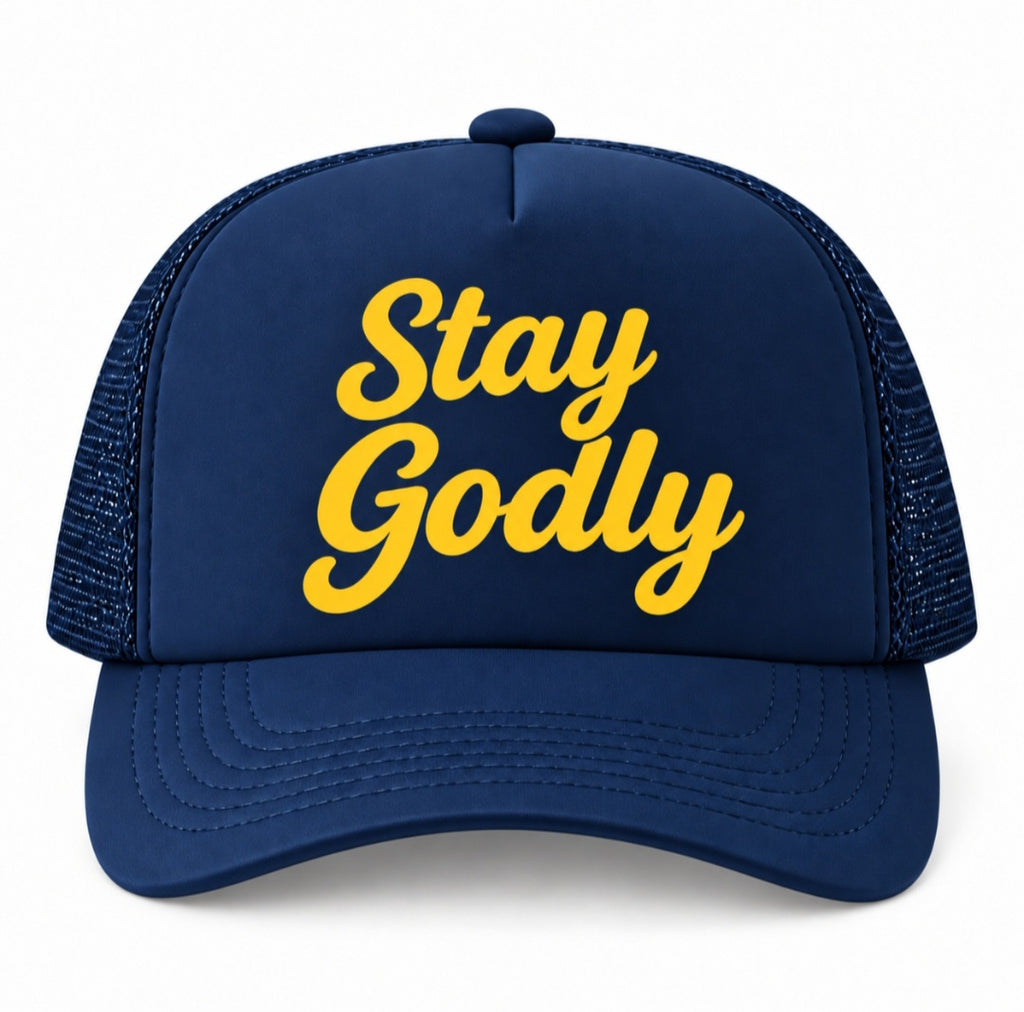 Stay Godly Navy Blue Trucker Hat – Christian Faith Snapback Cap 

Featuring vibrant yellow script