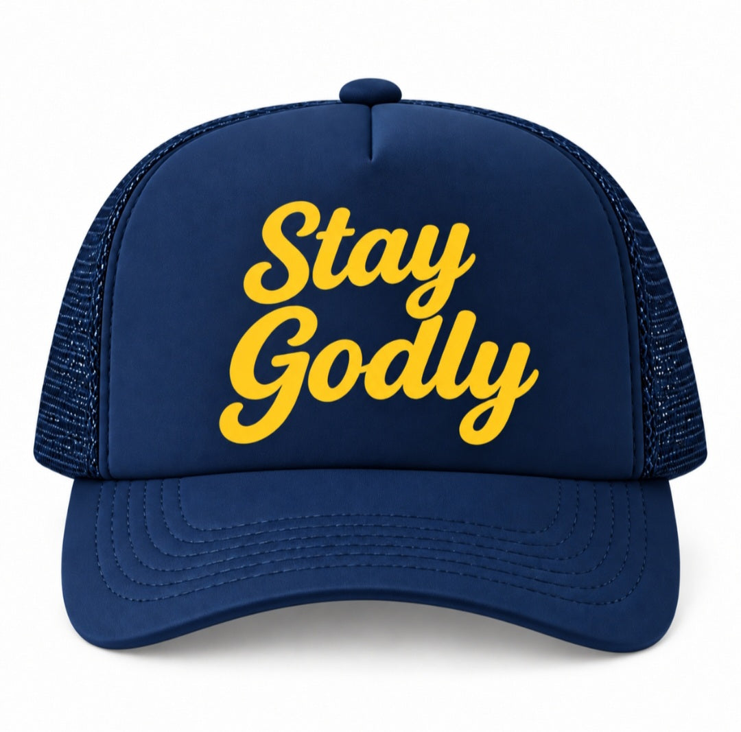 Stay Godly Navy Blue Trucker Hat – Christian Faith Snapback Cap 

Featuring vibrant yellow script