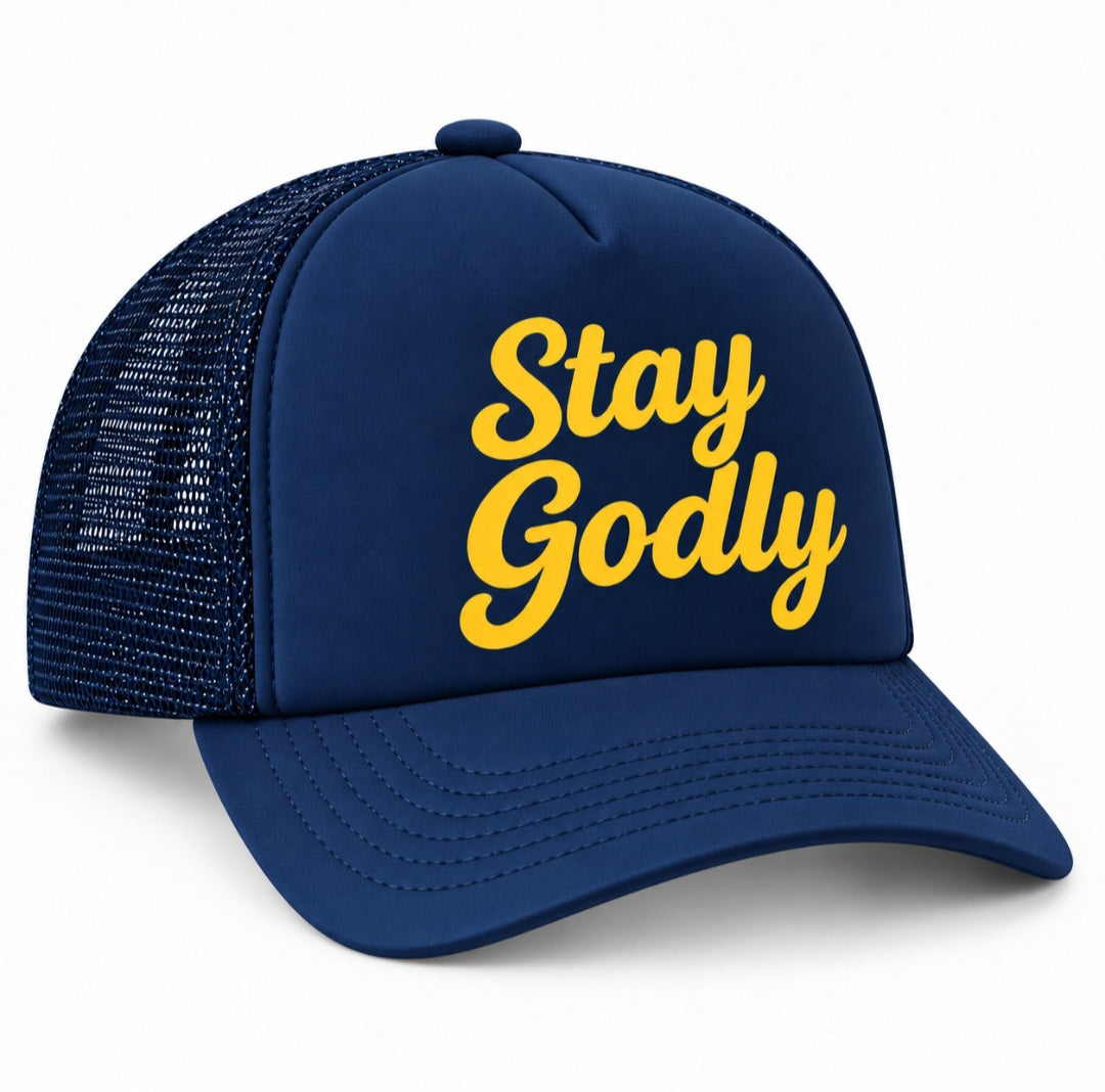 Stay Godly Navy Blue Trucker Hat – Christian Faith Snapback Cap 

Featuring vibrant yellow script
