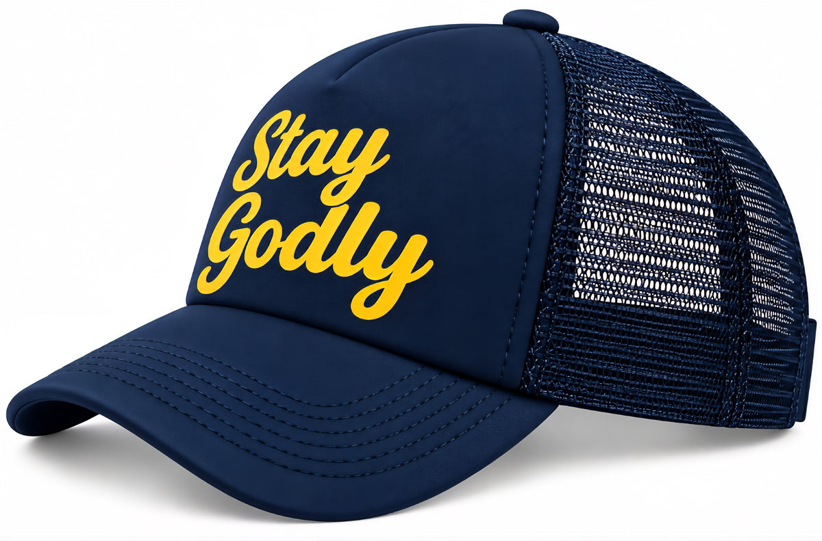Stay Godly Navy Blue Trucker Hat – Christian Faith Snapback Cap 

Featuring vibrant yellow script