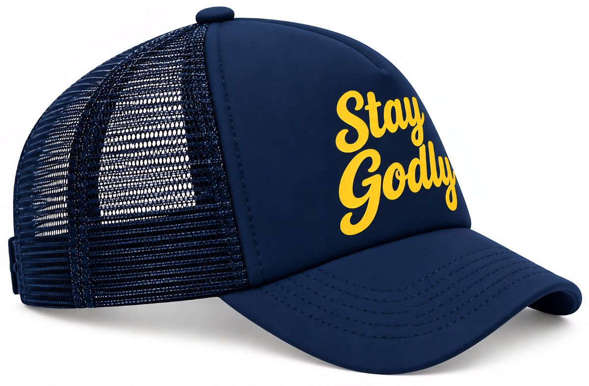 Stay Godly Navy Blue Trucker Hat – Christian Faith Snapback Cap 

Featuring vibrant yellow script